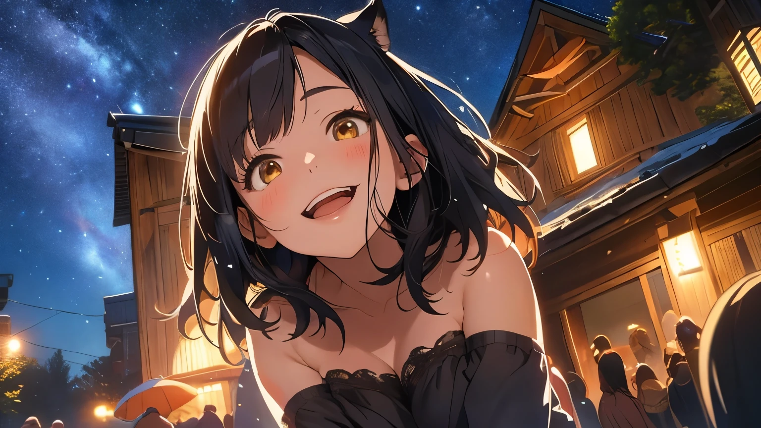 Huge wolves huddled together、Detailed depiction of bulges and wrinkles in ultra-thin underwear, (masterpiece), (Highest quality), One girl, (Perfect Face:1.2), (Beautiful Face:1.2), Black Hair, (From below), Happy, A light smile, View your viewers, Sexy pose, See-through, Outdoor idnight, Night Sky, milky way), Complex, Depth of written boundary, Cinema Lighting,