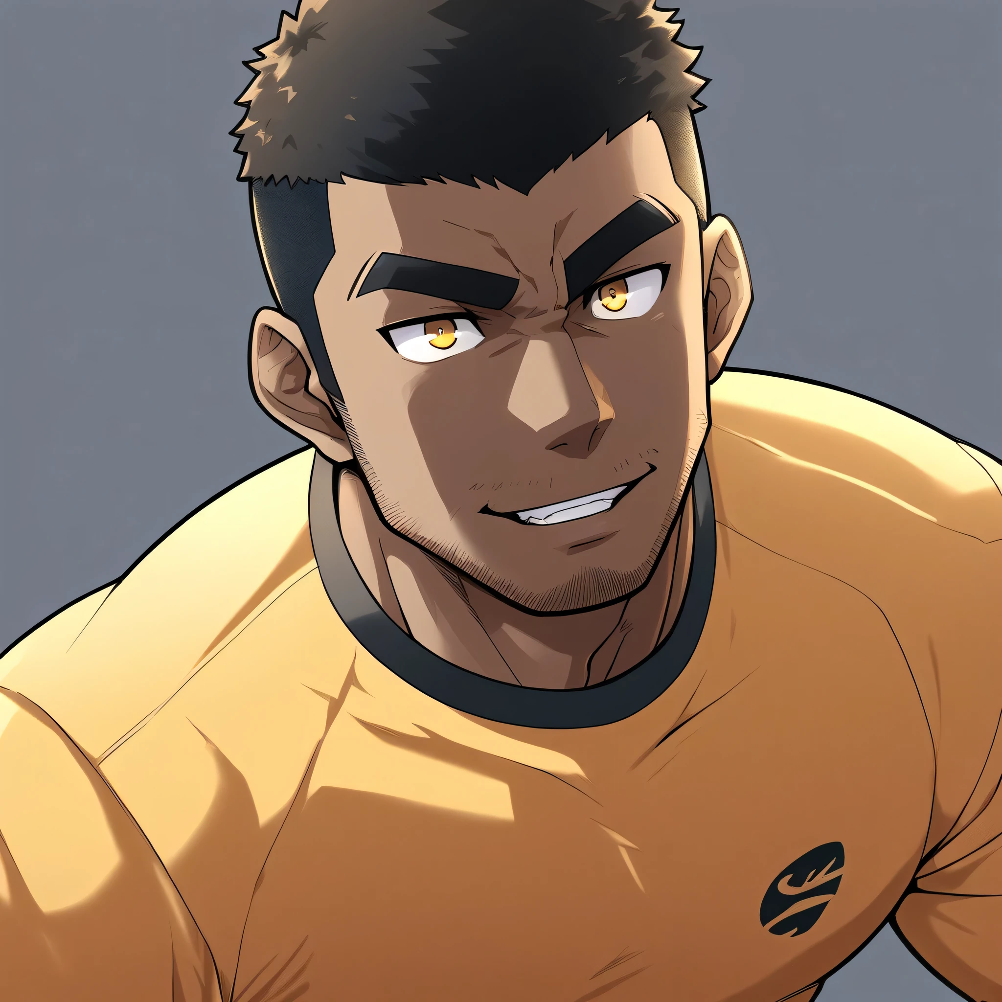 anime characters:Gyee, Young Muscle Sports Teacher, negro black skin, Buzz Cut, Manliness, male focus, Dark yellow long sleeve tight T-shirt, Slightly transparent texture, Very tight, Slightly transparent, muscular male, muscular, only, Upper body, alone, Black short hair, Thick eyebrows, stubble, Yellow eyes, Grey background, simple background, amazing quality, best aesthetics, Ridiculous, bright pupils, crew cut, parted lips, seductive smile, torogao, naughty face, best quality