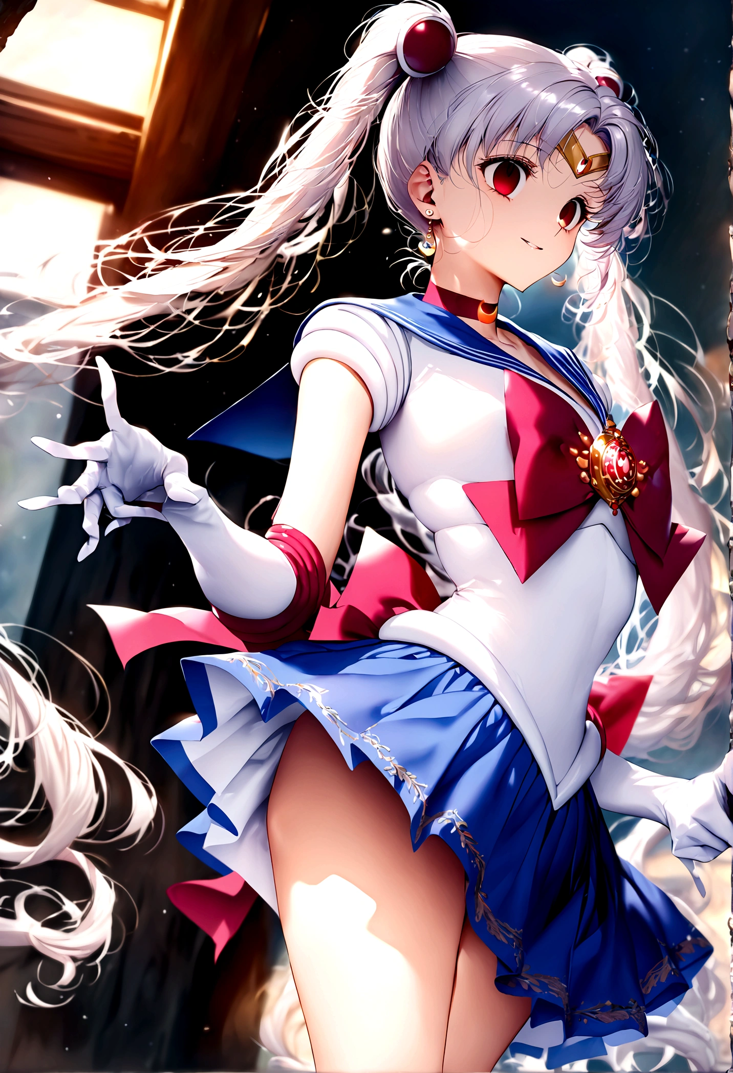 (masterpiece, Highest quality, so beautiful, Super detailed), Intricate details, 12K, Honestly, Long Hair, Double Bang, Twin tails, Parted bangs, tiara, Earrings, red eyes, Red choker, Blue sailor collar, Red Bow, White shirt, Elbow hand pockets, White gloves, Blue Skirt, Are standing, Cowboy Shot,,evil smile, 1girl,(Silver Hair:1.4),(empty eyes,:1.4),from below,looking dawn,dark aura