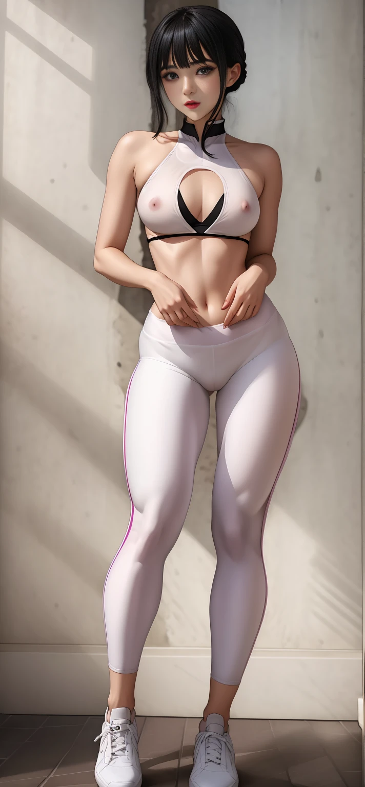 "An ultra-detailed 8K masterpiece、Highest quality and high saturation. This image contains、The illustration shows a stunning fat European girl in tight sheer leggings。, Includes tight open shirt, F Cup, White sneakers, Blue background."