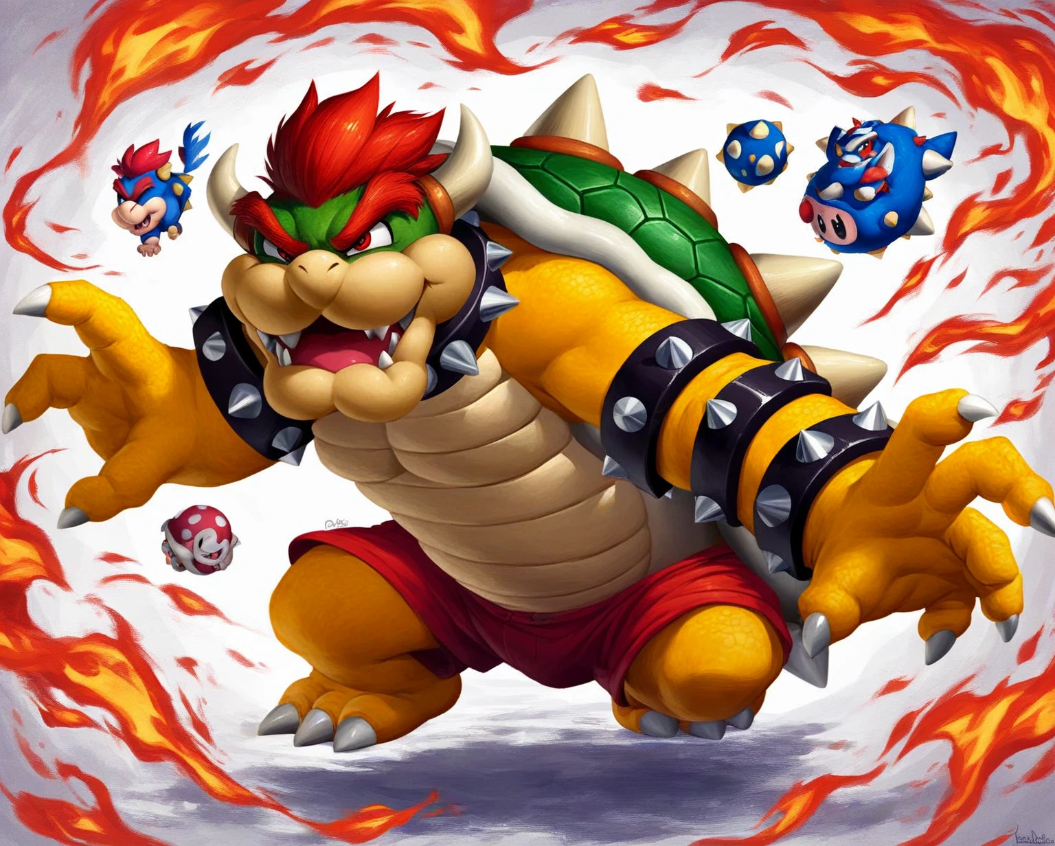 a close up of a nintendo super smasher character with a yellow and red outfit, bowser nintendo, bowser, fire breathing. bowser, koopa, mario, nintendo, goron brute, mario dabbing, n 6 4 graphics, n graphics, inspired by Mario Dubsky, inspired by Mario Bardi, video game characters designs, super mario 