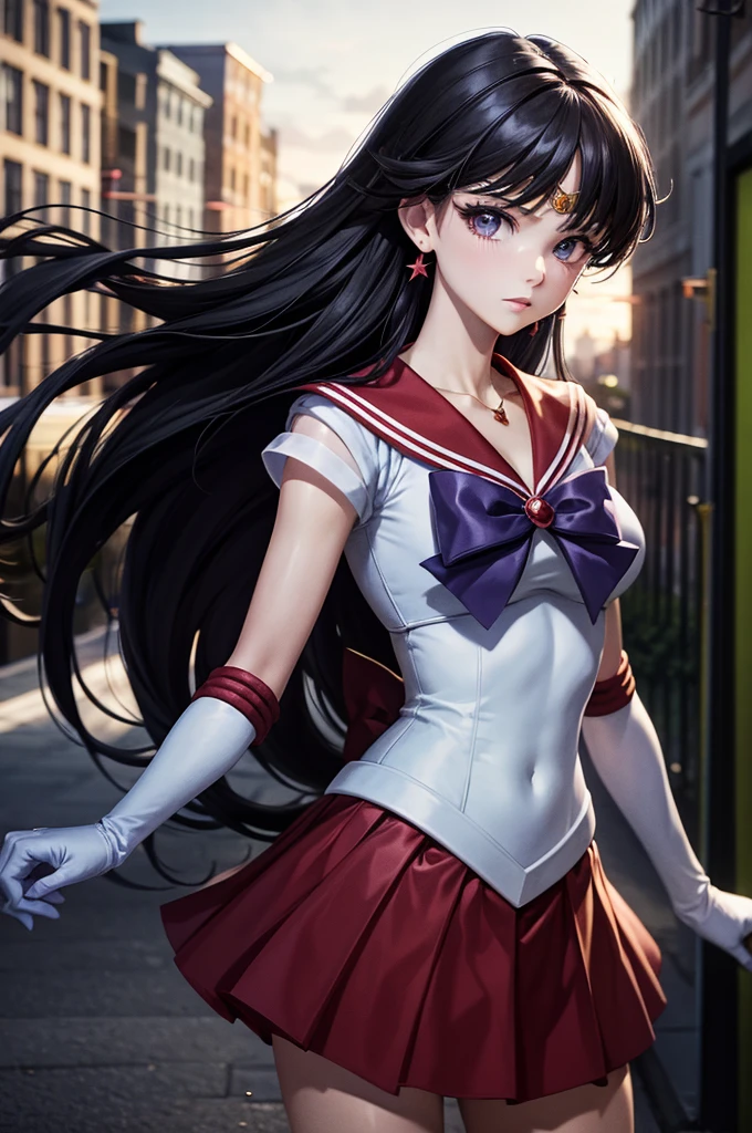 masterpiece, Highest quality, High resolution, tiara, Sailor Warrior Uniforms, White gloves, Red Sailor Collar, Red Skirt, Star Necklace, - Elbow hand pockets, Pleated skirt, Just Play, Purple ribbon, denim photography, Outdoor, Background Blur (85mm lens), front facing camera, Gentle expression, wind blowing hair, fluffy hair, hair ((black)), Pillar of Fire,night