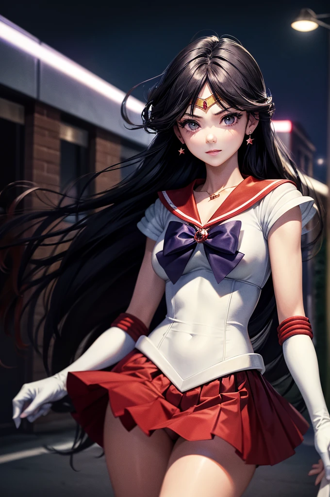 masterpiece, Highest quality, High resolution, tiara, Sailor Warrior Uniforms, White gloves, Red Sailor Collar, Red Skirt, Star Necklace, - Elbow hand pockets, Pleated skirt, Just Play, Purple ribbon, denim photography, Outdoor, Background Blur (85mm lens), front facing camera, Gentle expression, wind blowing hair, fluffy hair, hair ((black)), Pillar of Fire,night