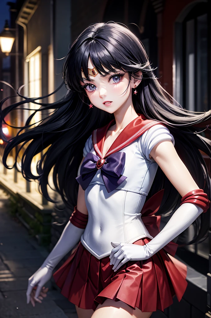 masterpiece, Highest quality, High resolution, tiara, Sailor Warrior Uniforms, White gloves, Red Sailor Collar, Red Skirt, Star Necklace, - Elbow hand pockets, Pleated skirt, Just Play, Purple ribbon, denim photography, Outdoor, Background Blur (85mm lens), front facing camera, Gentle expression, wind blowing hair, fluffy hair, hair ((black)), Pillar of Fire,night