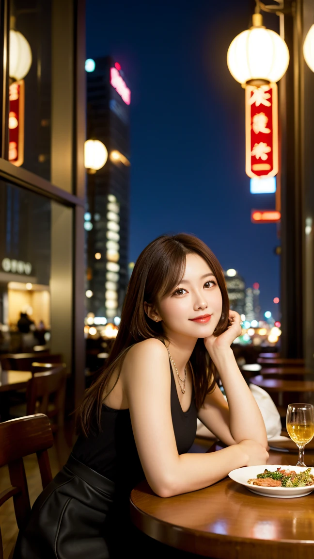 highest quality, masterpiece, 8K, ultra high resolution, (realistic: 1.4), beautiful face, symmetrical eyes, Japanese, brown hair, smile, wearing makeup, high-definition images, atmospheric perspective, super detail, accurate, best quality, (angle from under the table), a Japanese lady, drooping eyes, sleepy face, blush, in the city, busy, skyscrapers, skirt, high boots, necklace, restaurant with large windows, takes a seat, (other customers), night scene, windows have harbor view, foods,
