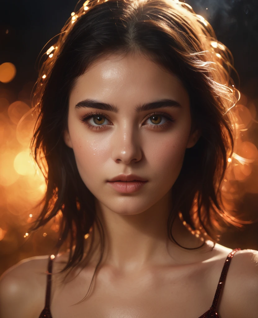 A movie film still of super very close-up portrait of a beautiful 18 year old woman with a mesmerizing and intense gaze, her face illuminated by warm, glowing light. She has glittering gold dust on her face, gold reflection in her eyes, and her lips are a deep, glossy red with shiny sparkles. The background is dark, with sparks and embers floating around her, creating a mystical and fiery atmosphere. Her expression is one of awe and wonder, with eyes reflecting the glowing light. Her hair is slightly messy, adding to the dramatic and ethereal feel of the scene. soaked film, 4k , 8k ,UHD, slightly sweaty skin, arms up, sleeveless, armpit, collarbone, photorealistic,