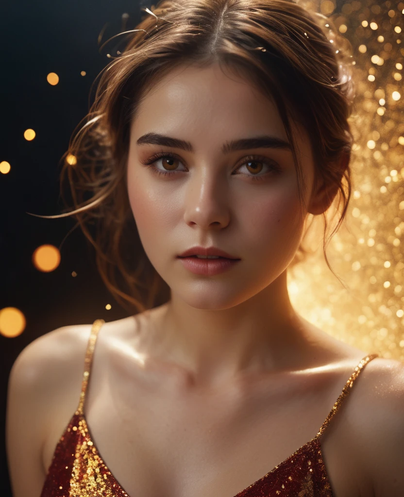 A movie film still of super very close-up portrait of a beautiful 18 year old woman with a mesmerizing and intense gaze, her face illuminated by warm, glowing light. She has glittering gold dust on her face, gold reflection in her eyes, and her lips are a deep, glossy red with shiny sparkles. The background is dark, with sparks and embers floating around her, creating a mystical and fiery atmosphere. Her expression is one of awe and wonder, with eyes reflecting the glowing light. Her hair is slightly messy, adding to the dramatic and ethereal feel of the scene. soaked film, 4k , 8k ,UHD, slightly sweaty skin, arms up, sleeveless, armpit, collarbone, photorealistic,