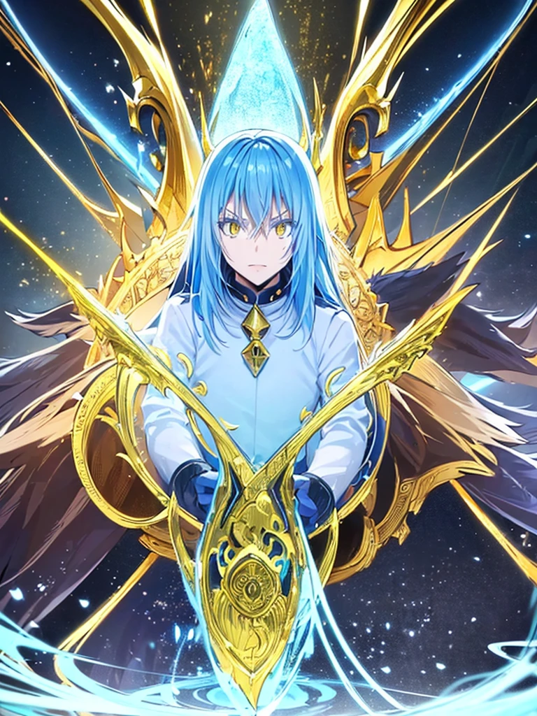 a detailed anime style illustration of Rimuru Tempest with long blue hair, golden eyes, well-defined facial features, in demon lord form, masterpiece, 8k, photorealistic, hyper detailed, dramatic lighting, cinematic composition, striking pose, vibrant colors, intricate texture, digital painting