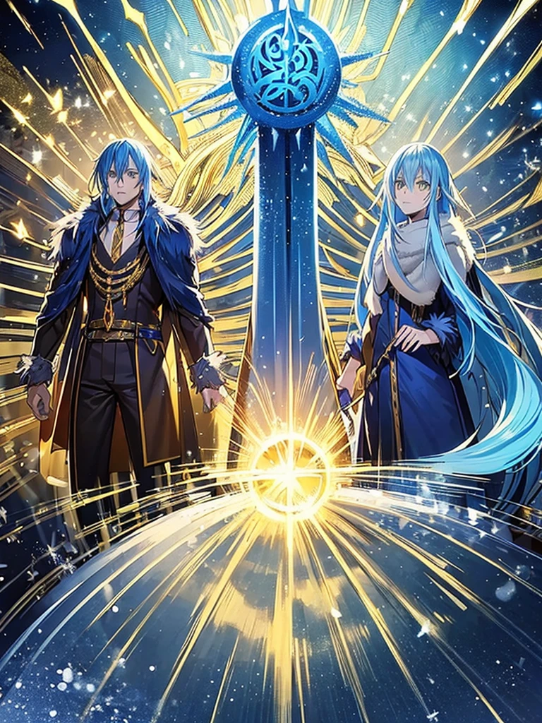 a detailed anime style illustration of Rimuru Tempest with long blue hair, golden eyes, well-defined facial features, in demon lord form, masterpiece, 8k, photorealistic, hyper detailed, dramatic lighting, cinematic composition, striking pose, vibrant colors, intricate texture, digital painting