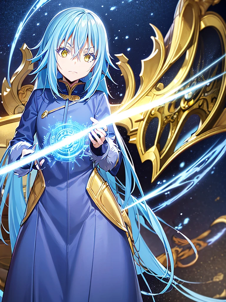a detailed anime style illustration of Rimuru Tempest with long blue hair, golden eyes, well-defined facial features, in demon lord form, masterpiece, 8k, photorealistic, hyper detailed, dramatic lighting, cinematic composition, striking pose, vibrant colors, intricate texture, digital painting