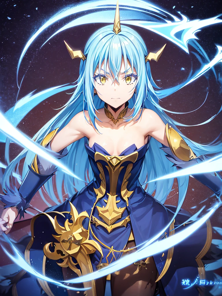 a detailed anime style illustration of Rimuru Tempest with long blue hair, golden eyes, well-defined facial features, in demon lord form, masterpiece, 8k, photorealistic, hyper detailed, dramatic lighting, cinematic composition, striking pose, vibrant colors, intricate texture, digital painting