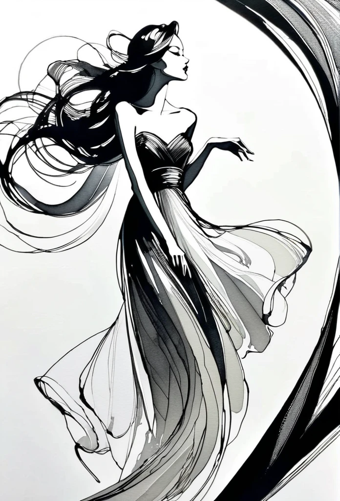 Elegant maiden，black and whiteink画，pen sketch drawing，Loose brushstrokes，Pen outlines delicate lines，flowing action，Subtle ink tones，elegant posture，A peaceful expression，Delicate facial features，ink，Smudge，black and white，clean