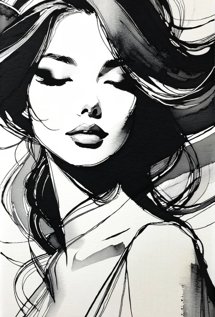 Elegant maiden,black and whiteink画,pen sketch drawing,Loose brushstrokes,Pen outlines delicate lines,flowing action,Subtle ink tones,elegant posture,A peaceful expression,Delicate facial features,ink,Smudge,black and white,clean