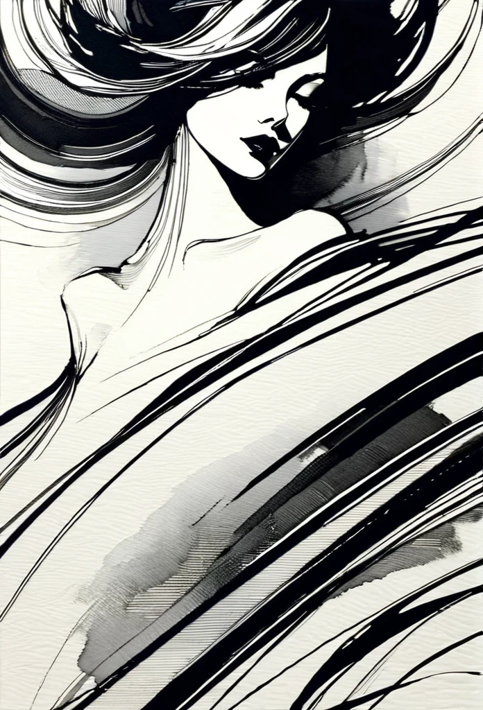 Elegant maiden，black and whiteink画，pen sketch drawing，Loose brushstrokes，Pen outlines delicate lines，flowing action，Subtle ink tones，elegant posture，A peaceful expression，Delicate facial features，ink，Smudge，black and white，clean