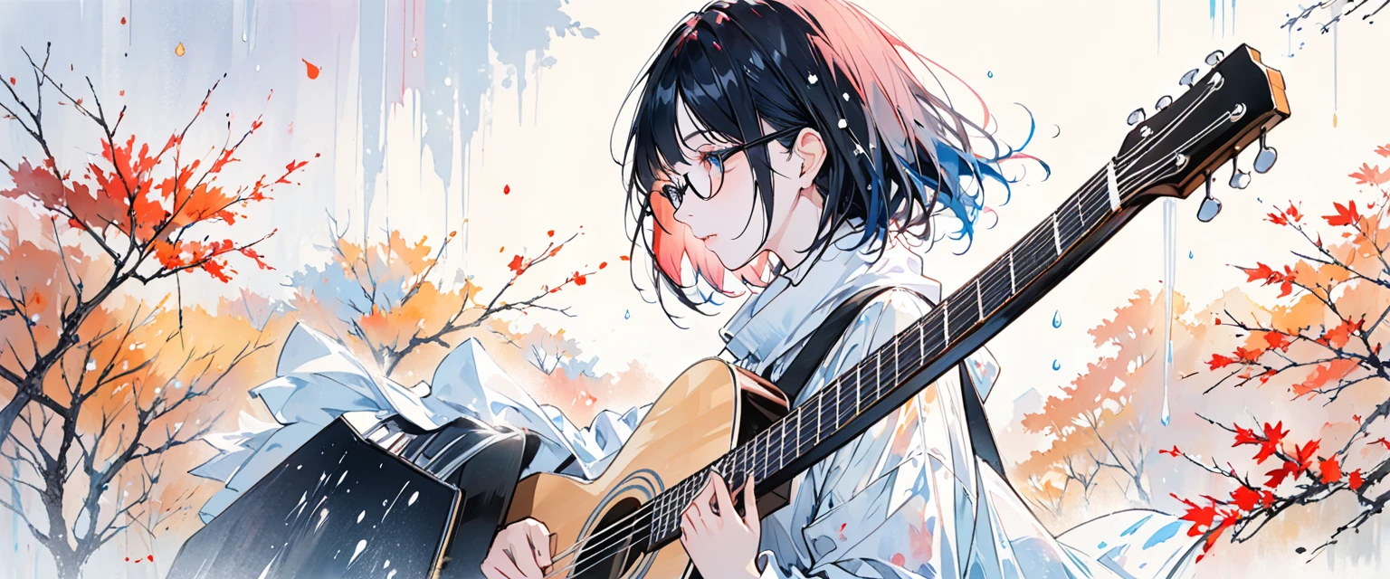 A painting by mse《Woman wearing glasses》,author:agnes cecile, Luminous design, Soft colors, Ink drops, Autumn Lights, Holding Guitar, Accorstic guitar, side view