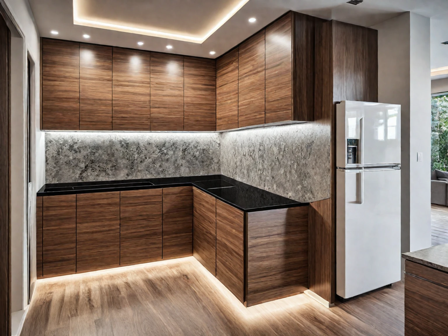 kitchen inteiror, modern style, wood cabinet, granite counter top, refrigerator led strip, realistic, high quality, masterpiece