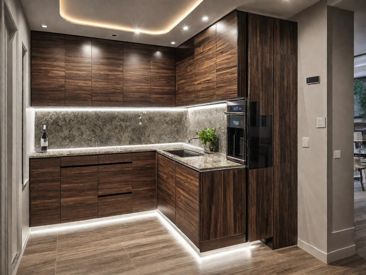 kitchen inteiror, modern style, wood cabinet, granite counter top, refrigerator led strip, realistic, high quality, masterpiece