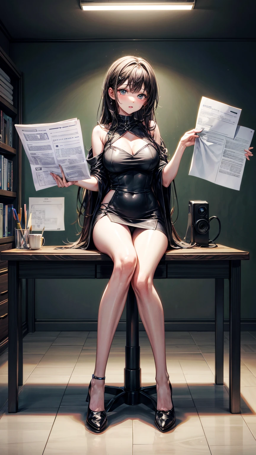 8K quality、High resolution、High resolutionの肌、Thin legs、Full Body Shot、Moist lips、Sitting at a desk looking at documents