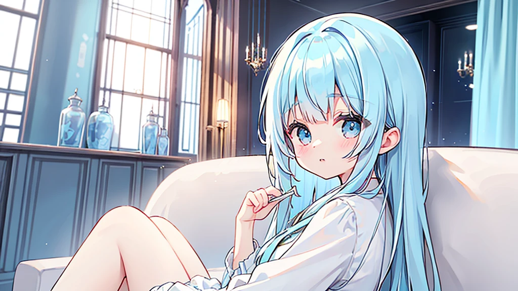 Light blue hair、Light blue eyes、Long Hair、Cute、Young、aloneの、Wearing a white dress、Sitting on the sofa、Looking at me、Face is close、alone