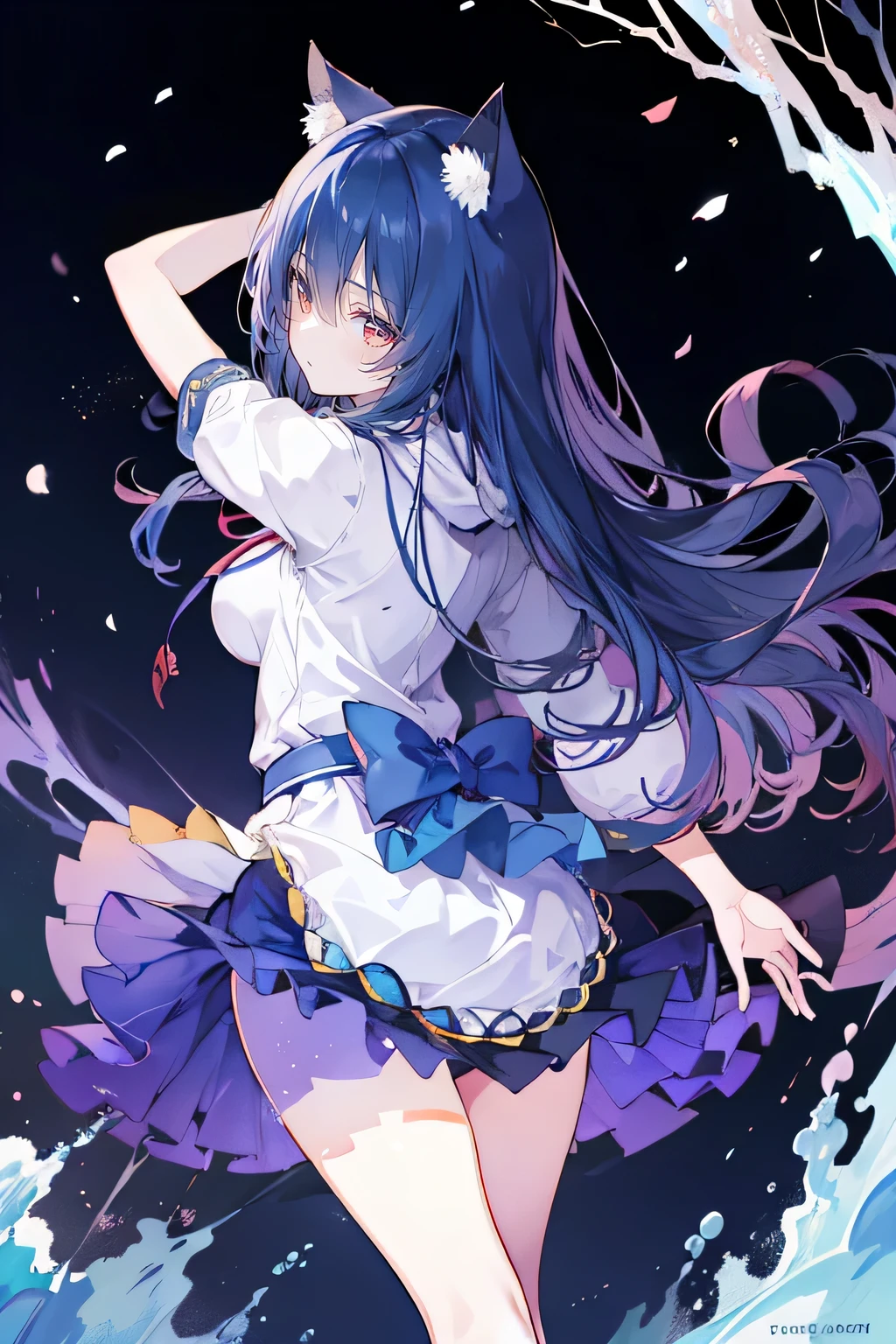 (masterpiece:1.2),Super detailed,lifelike,Expressive eyes,fair skin,perfect face shape,1 girl,
Japanese comics,Gorgeous blue hair,flowing blue hair,flowing clothes,Cat ears,Petals fall,beautiful lola,Baby Angel,sunrise,
Shaking head with one hand,Cross your legs,Gentle and peaceful background,The pavilion is cool and comfortable,smile, wearing hoodie, background of tokyo,back views,snowing, winter,seaside,wet clothes,A smile,A faint smile,。dark blue gradient hair,asymmetrical hair,((Hair is very thick 1.8,Chiseled hair 1.6)), Hair over the shoulders, Messy hair, Very long hair, shiny hair,(long dark blue hair:1.2),A beautiful girl,(Transparent clothes transparent 1.8),Perfect body,Big thin legs,slender,(Looks very sad,Looks haggard ,sadness,shut your mouth:1.2) Against the backdrop of an unusually bright dark starry sky,(Put your hands behind your back),(round,Room, Strong breasts),barefoot,float,water surface,(long legs,long legs,long legs,Complete)