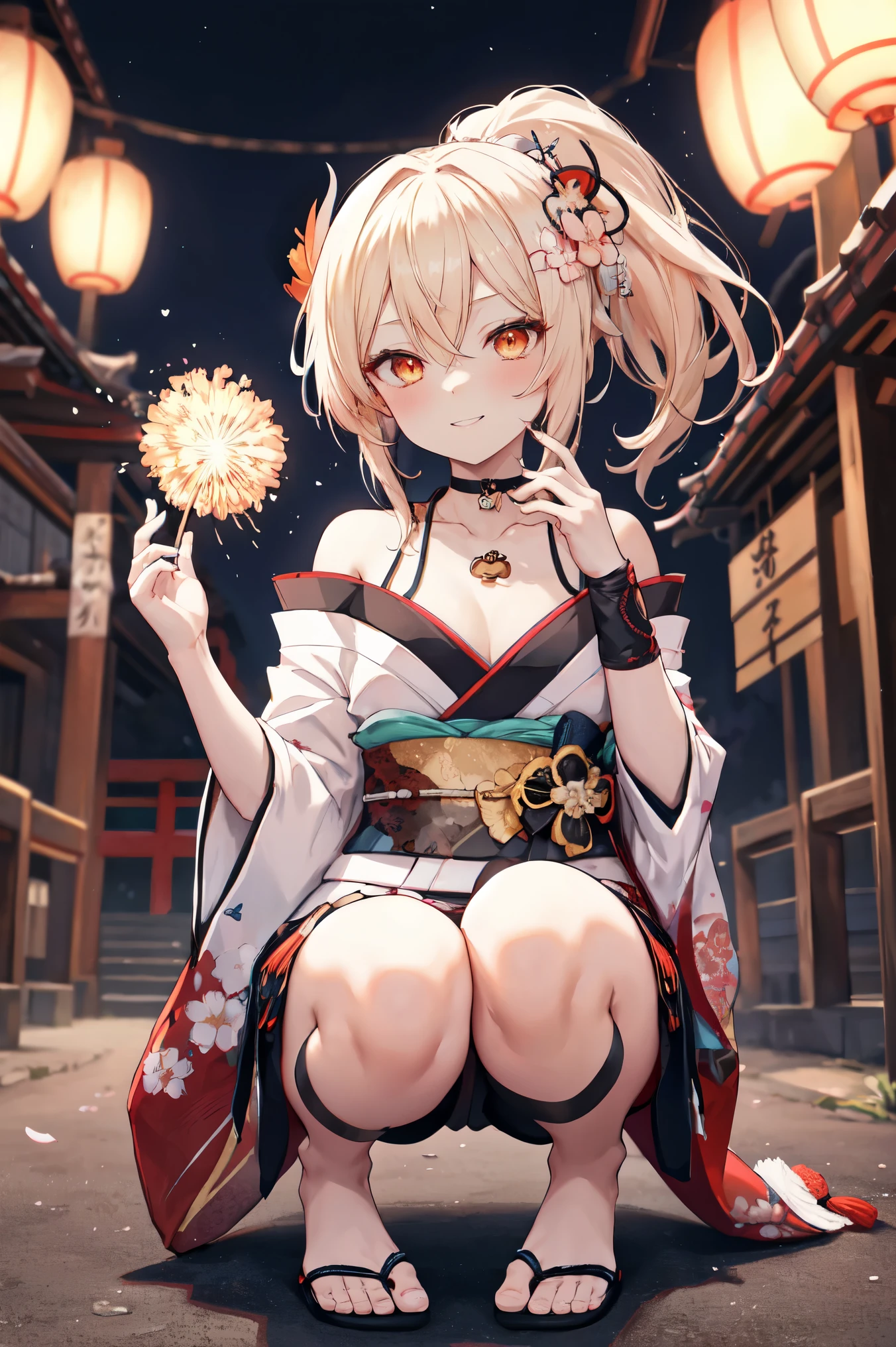 masterpiece, Highest quality, High resolution, One girl, Blonde, Medium Hair, Asymmetrical Hair, Floating Hair, Hair between the eyes, High Ponytail, Side Lock, hair ornaments, fish hair ornaments, Tassel, Hairpin, bangs, Orange eyes, Open your mouth, smile, teeth, upper teeth only, choker, red choker, pendant choker, butterfly choker, clavicle, tattoo, chest tattoo, flower tattoo, Cleavage, Medium chest, Thighs, bandage, bandageを巻いたfeet, sarashi, Budget Sarashi, chest sarashi, black sash, Otherwise, houkisei, kimono, kimono, kinchaku, heart, heartage, heartjime, orange kimono, Pouch, print kimono, rope, sash, shimenawa, short kimono, One shoulder exposed, vision (Genshin Impact), East Asian architecture, cherry blossoms, whole body, squat, 線香firework, night, firework, holding firework, feetを揃えて, feet, One-handed gloves, One fingerless glove, Wristband, Black socks,