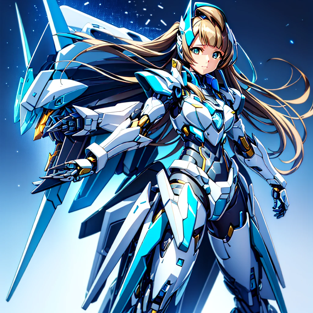 masterpiece, high quality, Cyborgization、Gynoid Cyborg Body、The face is of Minami Kotori.、mechanical parts、Blue and white leotard armor、solo focus、Single image、from front, full body、Mechabare、damage、When it breaks down, precision machinery is exposed from the body.、The armor in the crotch area opens up to reveal the refueling parts.