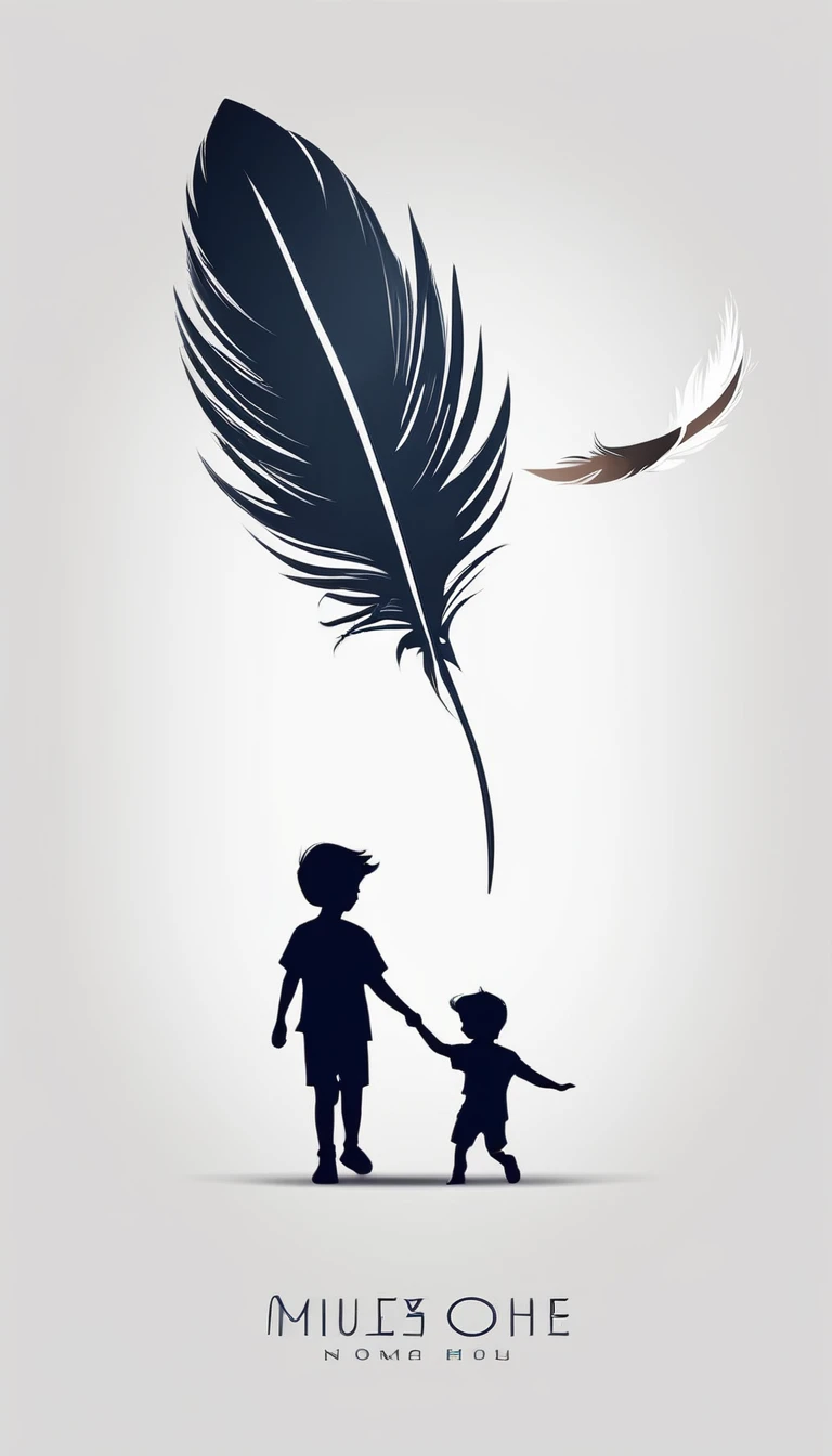 Create a minimalistic, modern, simple logo design of a boy playing with a feather. The logo must symbolize storytelling and memories.