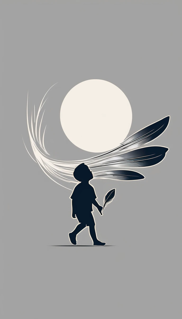 Create a minimalistic, modern, simple logo design of a boy playing with a feather. The logo must symbolize storytelling and memories.