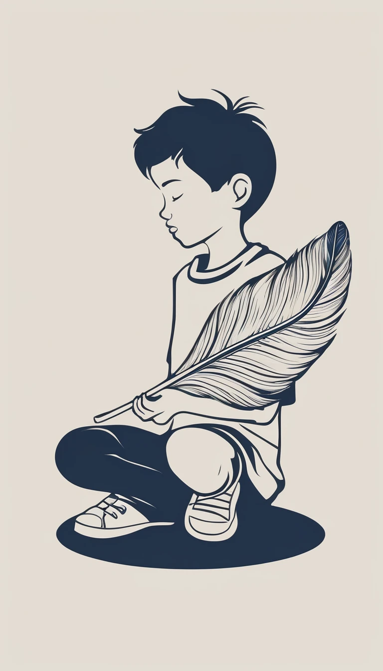 Create a minimalistic, modern, simple logo design of a boy playing with a feather. The logo must symbolize storytelling and memories.