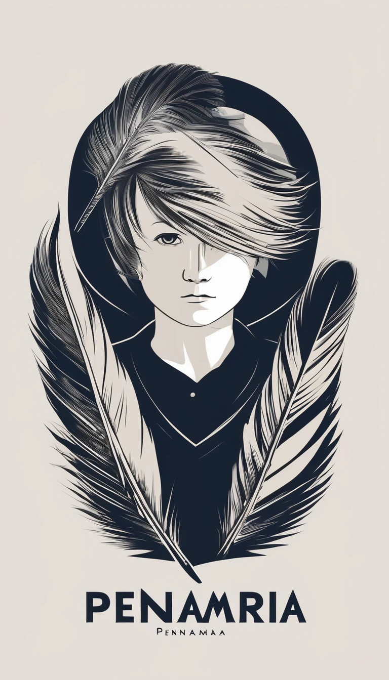 A minimal, modern, simple, cinematic logo design e of a boy with a head full of feathers for the brand “Penamemoria" .