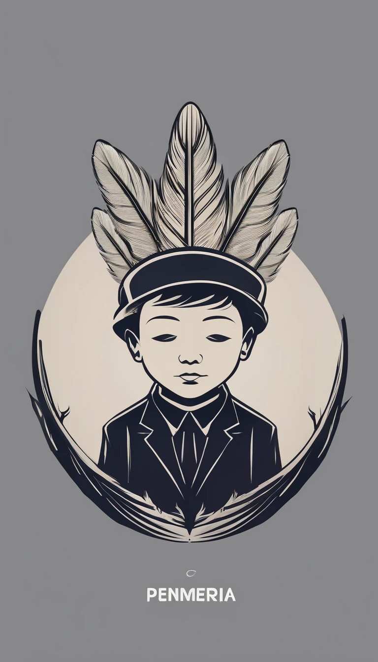 A minimal, modern, simple, cinematic logo design e of a boy with a head full of feathers for the brand “Penamemoria" .