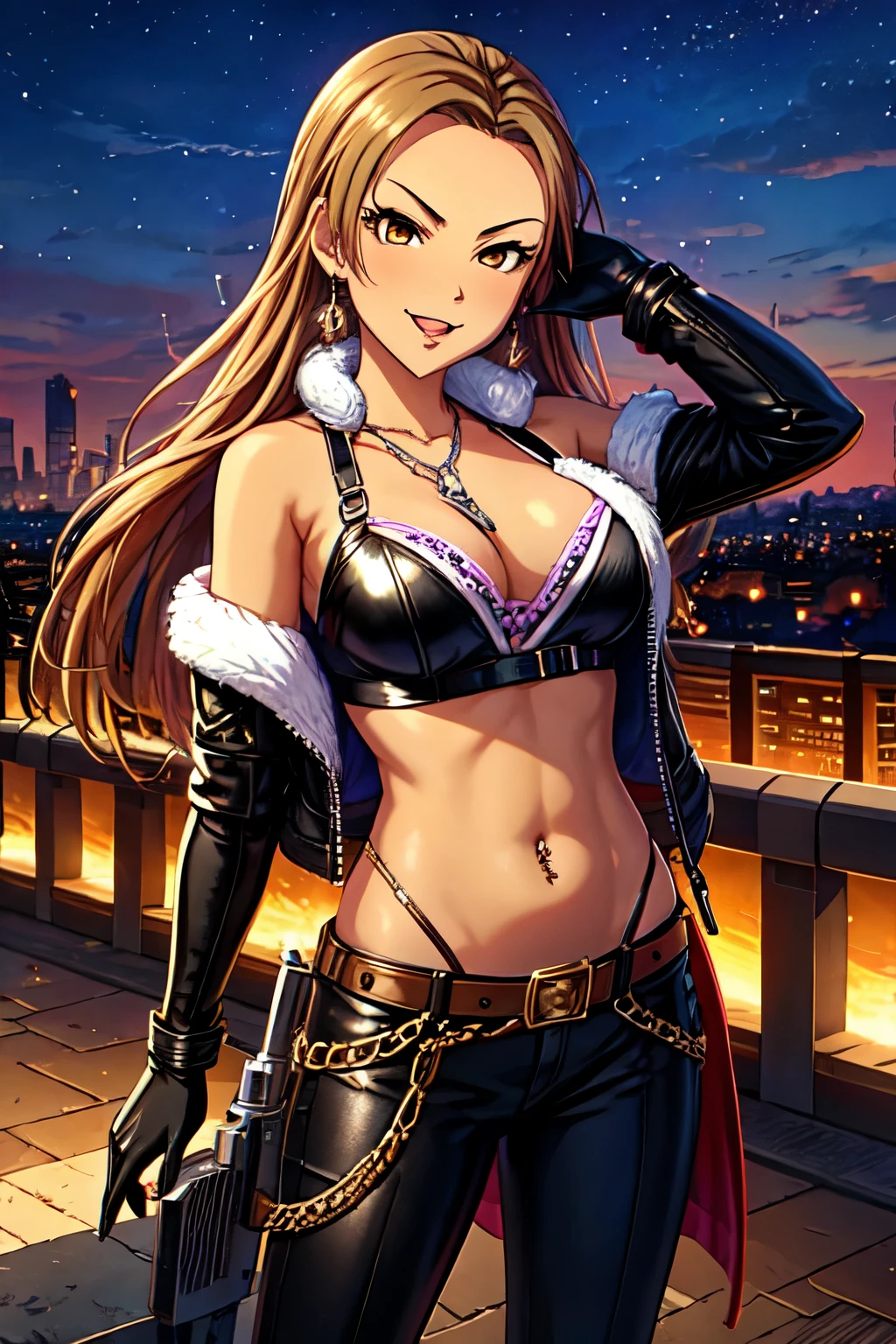 Brown Hair, 1girl, 独奏, Fur trim, mature female, gloves, fur-trimmed coat, lipstick, blush,  Fur trim, mature female, gloves, fur-trimmed coat, outdoors, rooftop, cityscape, building, railing, night, night sky, scenery, city lights, lipstick, masterpiece, best quality, highly detailed, a girls with a gun, evil smile , open mouth, sexy gaze, badass pose , evil smile, smile, (nsfw) not safe for work, guns blazing, anime girl with long hair, beautiful long haired girl, navel, evil expression, exposed belly, exposed navel, exposed midriff, exposed lower belly, long black pants, crop top, cleavage, unbuttoned leather pants ,open fly, low rise black leather pants, leather jacket, holding a gun, navel piercing