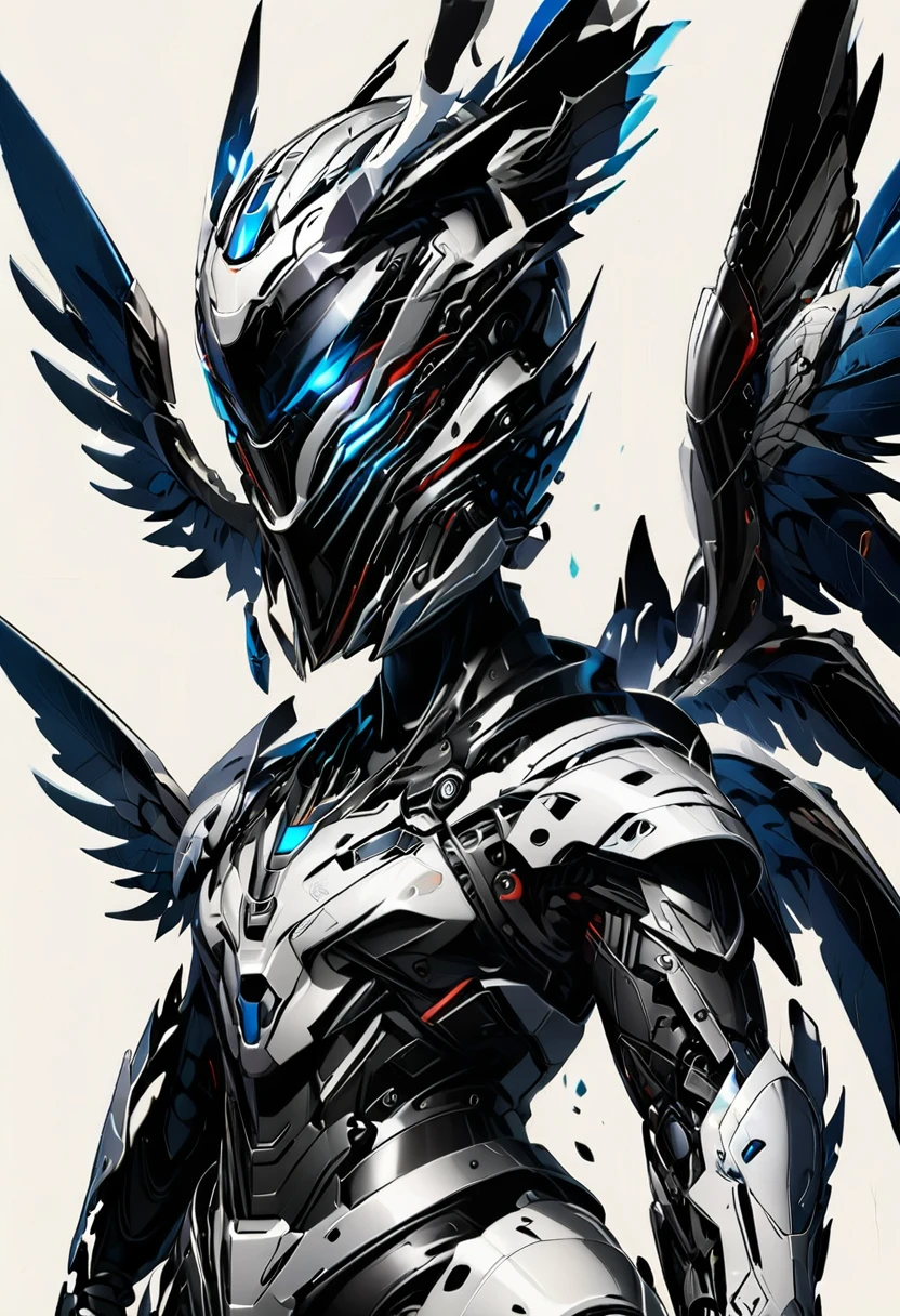 Hero with helmet and furious wings. Black and white suit. Blue eyes. Hyperrealistic. Badass. Robotic.