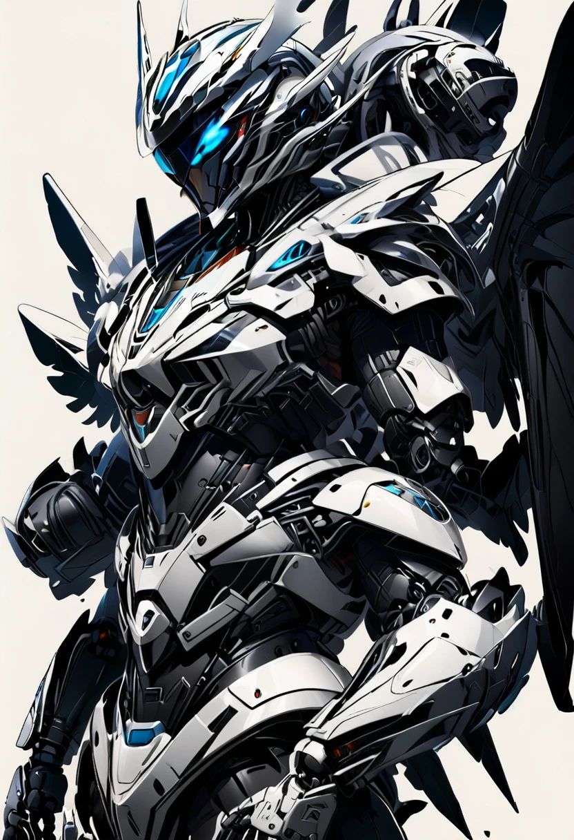 Hero with helmet and furious wings. Black and white suit. Blue eyes. Hyperrealistic. Badass. Robotic.