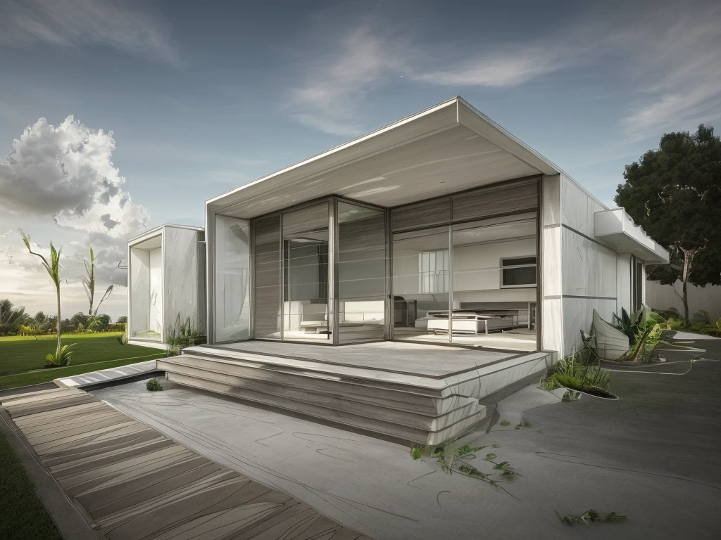 exterior of house, modern style, nice tropical landscape, morning, sky, few cloud, realistic, high quality, masterpiece