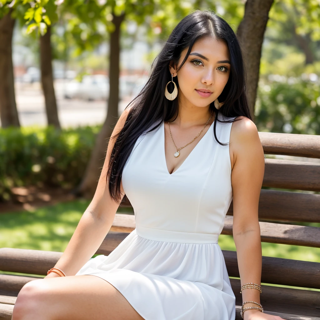 A woman, Natural light, professional, (sitting on a bench sipping wine), (4k photo: 1.1) (sharp focus: 1.3), High detail, detailed beautiful face, green eyes, with big breasts and big ass, Long black hair, (attractive young woman:1.3), (seductive:1.1), (blush:1.1), Athletic body shape, A girl, with earrings, bracelets and necklace, wearing a white dress