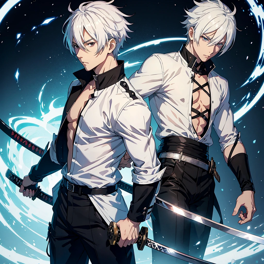 Male anime character with white hair white shirt and black pants and a katana on his back