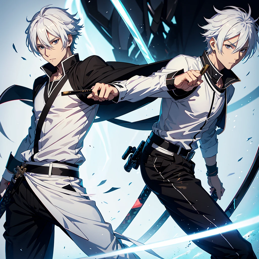 Male anime character with white hair white shirt and black pants and a katana on his back 