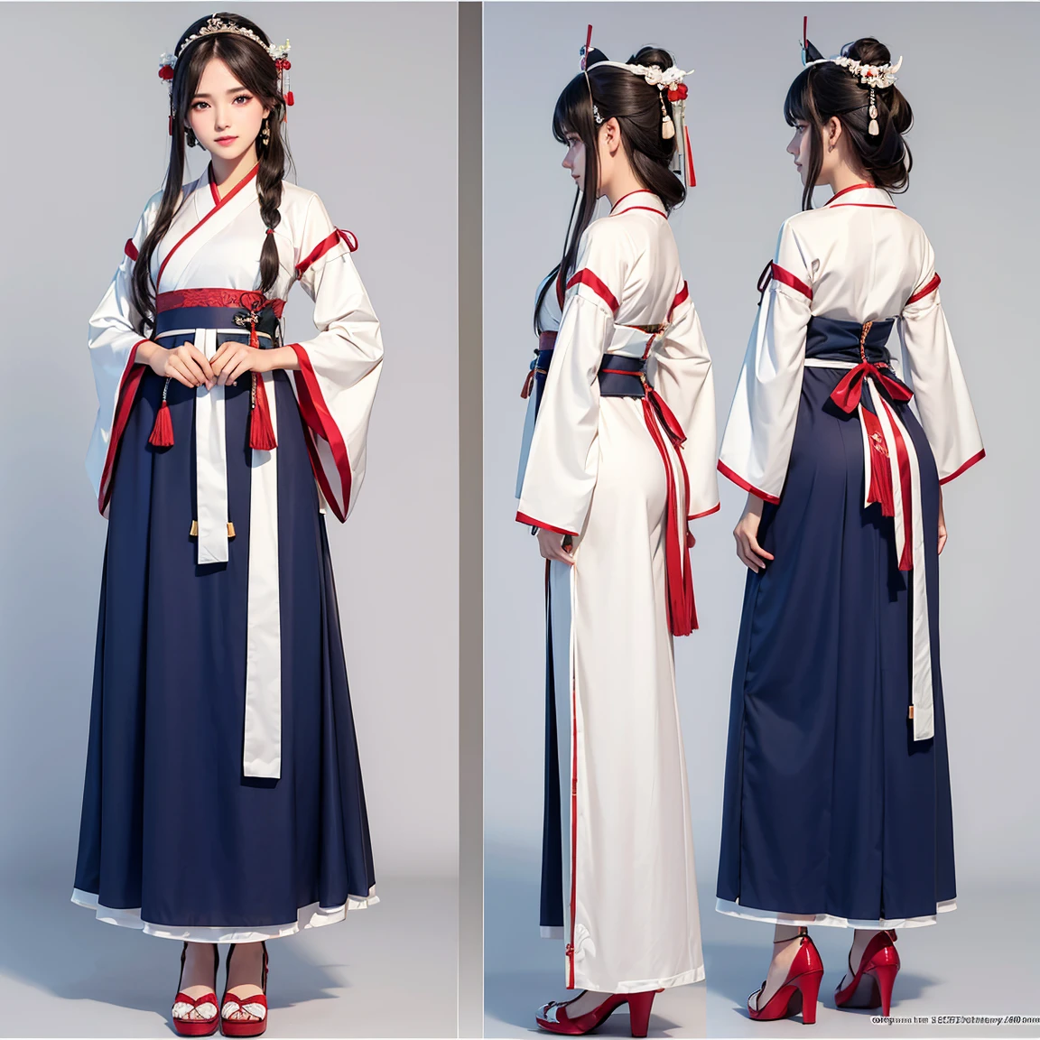 (masterpiece, best quality), ultra detailed, high resolution, 16k, the most beautiful face in the world, perfect face, delicate facial features, highly detailed beautiful face and eyes, shiny skin, highly detailed background, elaborately designed, fine cloth texture, perfect anatomy, BREAK, (gorgeous and stunning age girl in hanfu:1.2), perfect make-up, deeply in love, full of elegance, (full body:1.5), (three view drawing, front and back and side, character sheet:1.3)