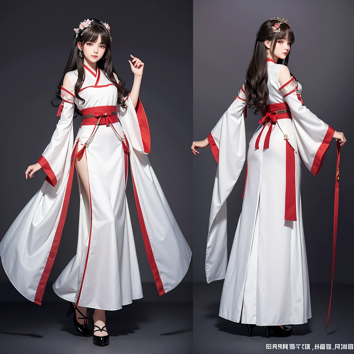 NSFW, (masterpiece, best quality:1.5), ultra detailed, high resolution, 16k, the most beautiful face in the world, perfect face, delicate facial features, highly detailed beautiful face and eyes, shiny skin, highly detailed background, elaborately designed, fine cloth texture, perfect ???????, BREAK, (gorgeous and stunning teenage girl in hanfu:1.2), perfect make-up, deeply in love, full of elegance, (full body:1.5), (three view drawing, front and back and side, character sheet:1.3)