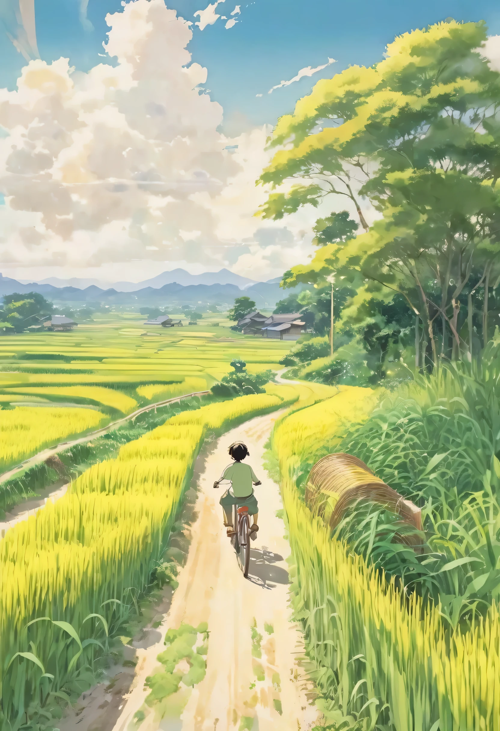 Beautiful illustrations, Endless rice fields, Half yellow、Half Green, Boy Riding a Bicycle, Girl sitting in the back seat，Style: Barnet, Includes 50d movie stills, Rural Scenery, countryside, panoramic,、Real、Paintings by Makoto Shinkai