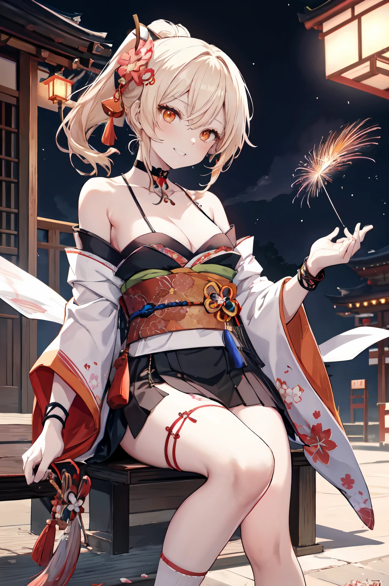 masterpiece, Highest quality, High resolution, One girl, Blonde, Medium Hair, Asymmetrical Hair, Floating Hair, Hair between the eyes, High Ponytail, Side Lock, hair ornaments, fish hair ornaments, Tassel, Hairpin, bangs, Orange eyes, Open your mouth, smile, teeth, upper teeth only, choker, red choker, pendant choker, butterfly choker, clavicle, tattoo, chest tattoo, flower tattoo, Cleavage, Medium chest, Thighs, bandage, bandageを巻いたfeet, sarashi, Budget Sarashi, chest sarashi, black sash, Otherwise, houkisei, kimono, kimono, kinchaku, heart, heartage, heartjime, orange kimono, Pouch, print kimono, rope, sash, shimenawa, short kimono, One shoulder exposed, vision (Genshin Impact), East Asian architecture, cherry blossoms, whole body, squat, 線香firework, night, firework, holding firework, feetを揃えて, feet, One-handed gloves, One fingerless glove, Wristband, Black socks,