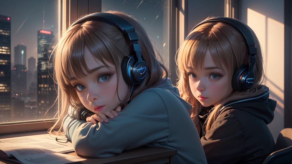 Create a high quality image, extreme detail, ultra definition, extreme realism, high quality lighting, 16k UHD, a girl, headphones, in front of a desk studying, (window with opaque glass), night, soft and warm ultra definition light, lofi style, view from below and distant