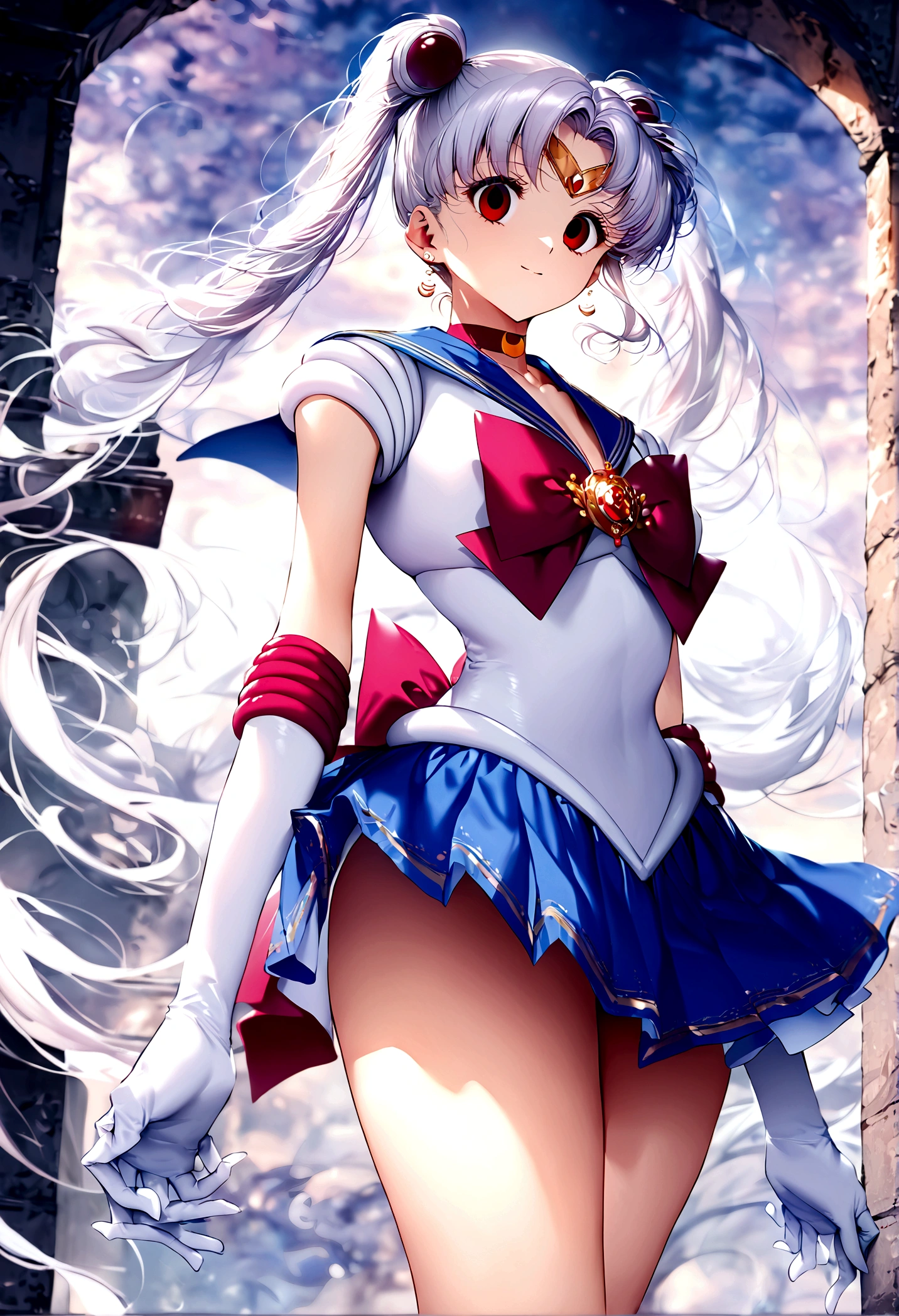 (masterpiece, Highest quality, so beautiful, Super detailed), Intricate details, 12k, Honestly, Long Hair, Double Bang, Twin tails, Parted bangs, tiara, Earrings, red eyes, Red choker, Blue sailor collar, Red Bow, White shirt, Elbow hand pockets, White gloves, Blue Skirt, Are standing, Cowboy Shot,,evil smile, 1girl,(Silver Hair:1.4),(empty eyes,:1.4),from below,looking dawn,dark aura,View your viewers