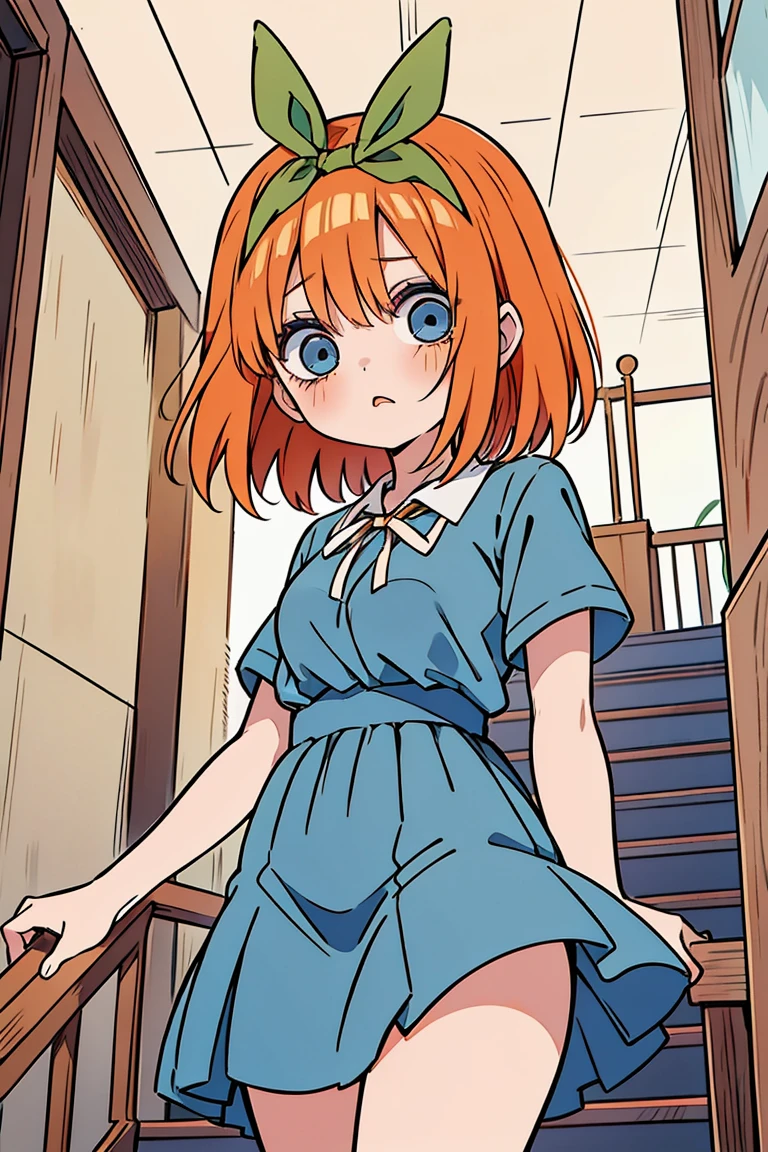 Yotsuba nakano, comind down the stairs, looking down,, yotsuba going downstairs, surrounded by creepy stuff, (1 girl, solo, alone), , sfw, nakano_yotsuba, blue eyes, indigo eyes, aayotsuba, short orange hair, yotsuba from The Quintessential Quintuplets, masterpiece, 4k, ultradetailed, cowboy shot, short orange hair, green ribbon, hair ribbon, blue eyes, innocent, pure, tender, by junji ito, creepy, dark