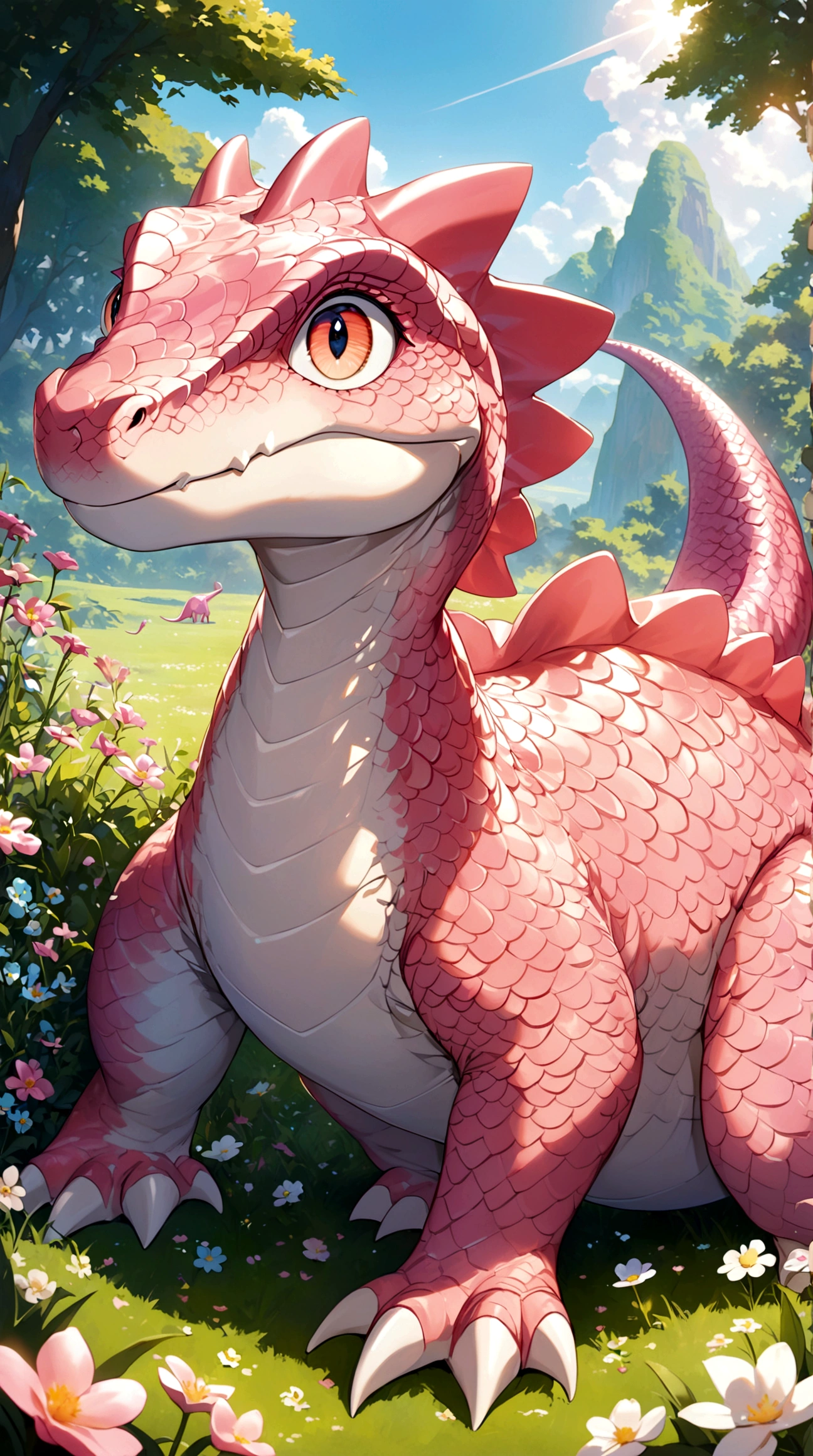 Pink dinosaur, silky smooth dinosaur skin, pink scales, large and bright eyes, gentle gaze, grassy background, sunny day, surrounded by small flowers, dinosaur smiling, dreamlike setting, rich in details, high resolution
