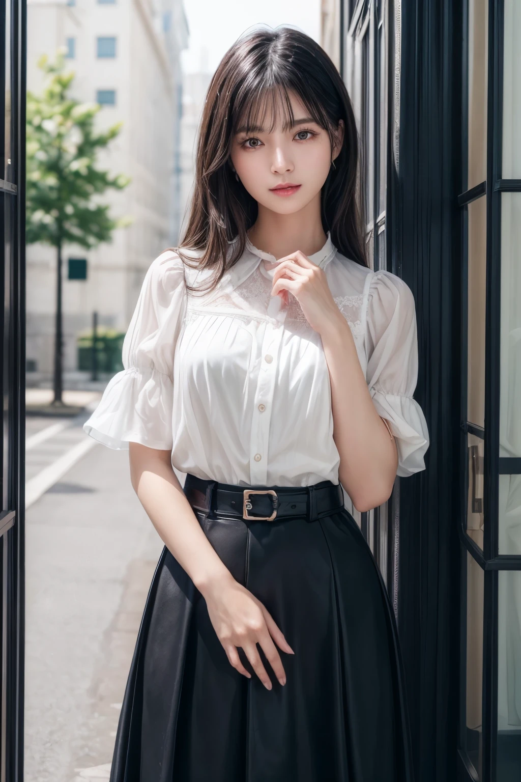 ((Best image quality、8K、masterpiece:1.3))、Realistic high-quality photos、Highest quality、Beautiful and graceful face and eyes、Black Hair、Shiny Hair、 OL、Wearing a short-sleeved blouse、Wear a long skirt、Full Body Shot.