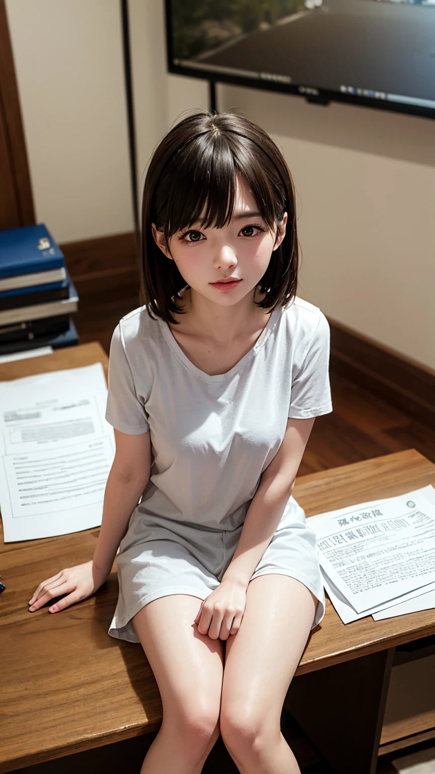 8K quality、High resolution、High resolutionの肌、Thin legs、Full Body Shot、Sitting at a desk looking at documents
