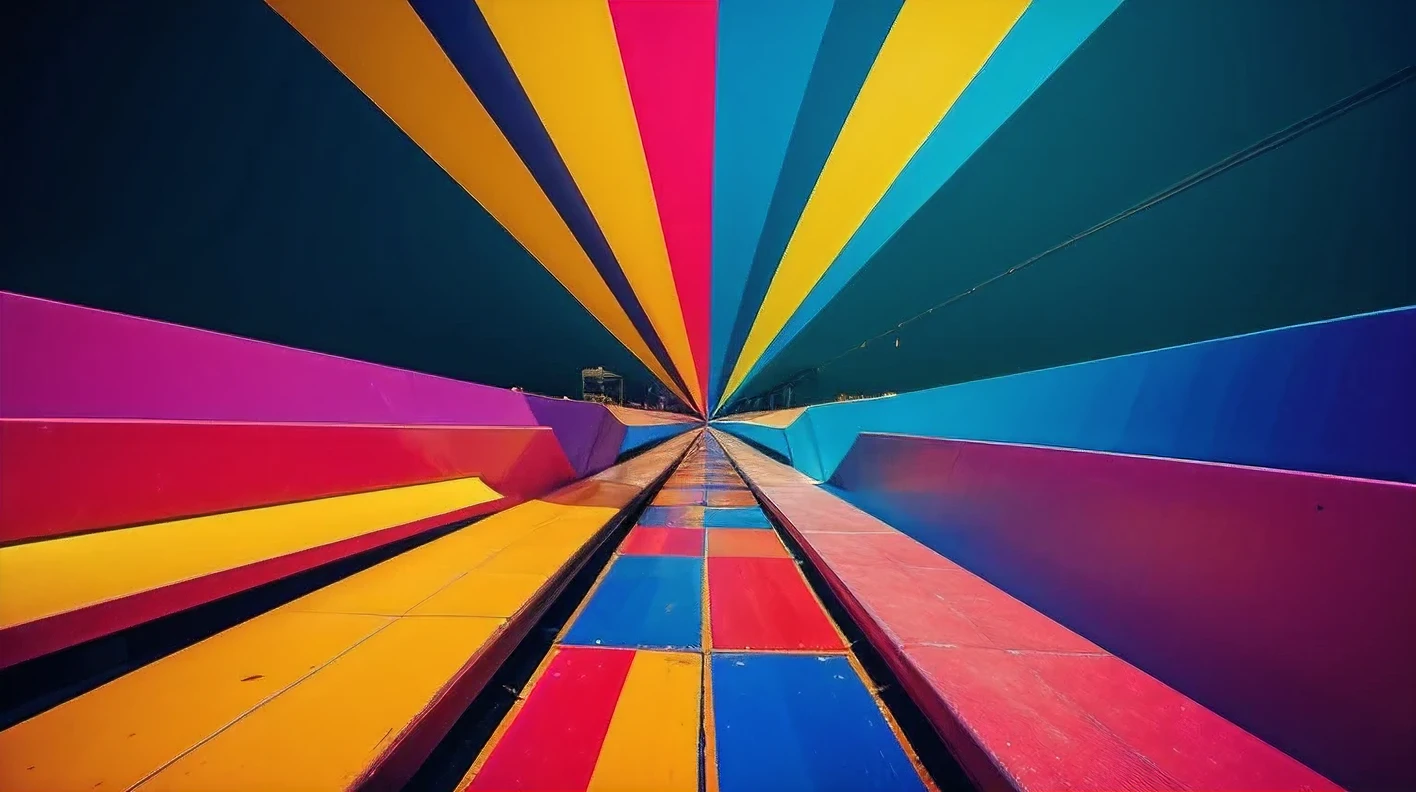 Create a vibrant, abstract composition using bold colors and dynamic shapes.