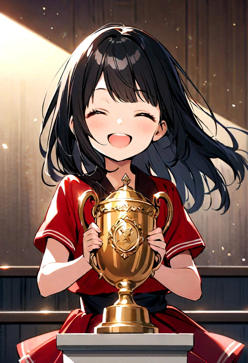 A ten year old girl,with long black hair with bangs, standing in a podium holding a trophy, smiling happily her eyes closed, wearing a with a red skirt